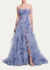 L095 New Arrival Strapless Organza Purple Slit Fashion Vestidos De Noche
