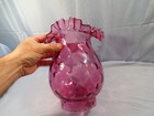 Vintage Cranberry Glass Lamp Shade W  Thumbprint Design   Ruffled Top 4  Fitter