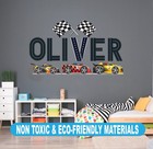 Personalized Racing Car Wall Sticker With Checkered Flags     Boys Bedroom Decor