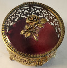 Vtg Ormolu Glass Gold Filigree Casket Jewelry Trinket Box Velvet Rose Regency