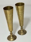 Vintage Pair Of Solid Brass Vases With Hand Etched Floral Designs   India