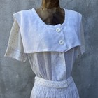 Vintage 1930s Ochre Embroidered Polka Dot White Cotton Dress W Belt Ruching