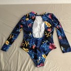 Women s Tropical Floral Long Sleeve One Piece Swimsuit L Blue black pink yellow