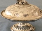 Victorian Silverplate 3 Piece Footed Butter Dish  Cow Finial  Cover   Strainer
