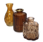 Small Glass Bottle Vases Dark   Light Brown Embossed Set 3