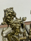 Pair Of Vintage Brass Lion Andirons With Scroll Design