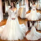 Boho Long Sleeves Wedding Dresses Lace Appliques A Line Tulle Bridal Gown Train 