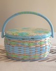 Vintage Oval Plastic Wicker Sewing Basket With Insert   Padded Floral Lid