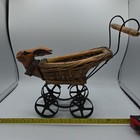 Antique Doll Stroller Pram Carved Wood Rabbit Head Wicker Basket Iron Base