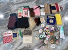 Lot Vintage Sewing Notions Needle Cards Snaps Thread Spools Some Wooden Misc 