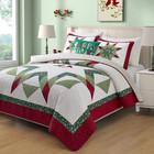 Queen Size Christmas Quilt Set 3-piece Cotton Red Bird Snowflake Patchwork