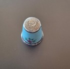 Vintage 925 Sterling Silver Thimble Blue Guilloche Enamel Pink Roses Pattern Top