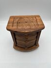 Vintage Mcm Wood Coaster Set Of 12 Cork Coaster With Carved Design On Holder 