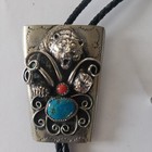 Vintage Western Silver Grizzly Bear Turquoise And Coral Bolo Tie
