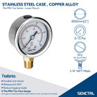 0-15 Psi Low Pressure Gauge  2  Dial Size  1 4 Npt Lower Mount  Waterproof  Stai