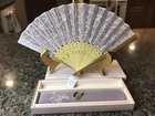 Vintage Japanese Lavender Lace Hand Fan Wood Cutwork Embroidered Silk Pouch New