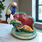 Antique Majolica Pottery Bird Perched On Water Lily Sculpture 1900 s Made Italy 