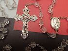 Vintage 23  Chapel Rosary Sterling Silver Clear Glass Beads Fancy Crucifix 58 2g