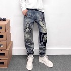 Men s Lightweight Retro Blue Skinny Jeans High Street Graffiti Printing Loose