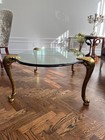 Vintage Table  Four Solid Brass Legs Glass Top Coffee Table Curved Leaf Design