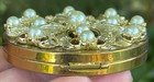 Vintage Ab Rhinestone Faux Pearl Round Make-up Powder Mirror Gold Tone Compact