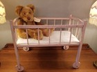 Antique 1920 s Pink Painted Wood Baby Doll Crib With Wheels   Polka Dot Mattress