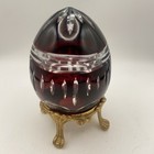 Vintage Crystal Egg On Metal Stand Burgundy  Bohemian  Style Cut To Clear