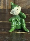 Vtg 1950 Gilner Green Pixie Elf Ceramic Sitting Figurine 3  Whimsical Set Of 2