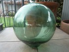 Antique 10  Japanese Glass Fishing Float Japan s Kanji North Mark       Blue Green