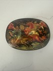 Vtg Russian Black Lacquer Handpainted Trinketjewelry Box Artist Signed 3   by 2 3   