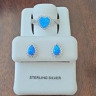 925 Sterling Silver Blue Fire Opal Heart Ring 7   Teardrop Earrings Jewelry Set