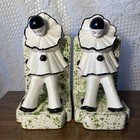 Vintage Art Deco Pierrot Clown Ceramic Bookends Pair White Black Green Mime