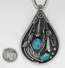 Large Vintage Signed Navajo 925 Silver Natural Turquoise Squash Blossoms Pendant