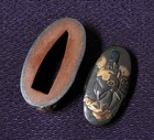 Antique Japanese Shakudo Fuchi Kashira Edo Period Colored Inlay Sword Fittings