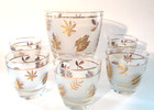 Vintage Libbey Golden Foliage Frosted Glass Ice Bucket   Five Rocks Glasses Mcm