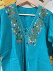 Women Frida Handmade Embroidered Mexican Blouse Medium Teal Floral New