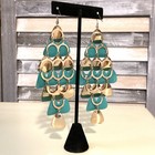 Vintage Mod Extra Large Statement Earrings Aqua Blue Gold Mermaid Scales Pierced