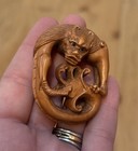 Vintage Antique Signed Asian Japanese Hand Carved Wood Dragon Netsuke