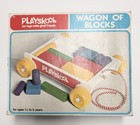 Vintage Playskool Wagon Of Blocks 1976 Wooden Building Shapes Colors Pull Along