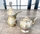  2  Antique Tea Pot White Metal Hand Made    bedouin     Signed 