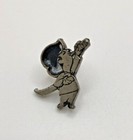Vintage Lapel Hat Pin Girl With Sabre Sword Drinking Soda Pop Drink Silver Tone