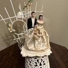Vtg 1940s 50s Chalkware Wedding Cake Topper Bride   Groom Real Satin Dress