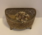 Vintage Matson Gold Filigree Ormolu Oval Rose Jewelry Casket Box Gold Velvet