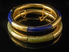 2 Vintage Chinese Green Jade Cobalt Lapis Gold Tone Bangle Bracelets