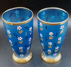 Vintage 5  Blue Frosted Tumbler Set Hand Painted Enamel Flowers With Gold Trim