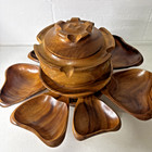 Mcm Monkey Pod Wood Lotus Flower Chip   Dip Bowl Lazy Susan W  7 Bowls  read 