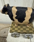 Resin Folk Art Cow On Wheels Pull Toy Decor