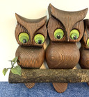 Vtg  whimsical Carved Wooden 3 Owl Wall Hanging felt Eyes folk Art rustic cabin