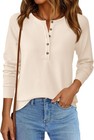 Women Waffle Knit Henley Top Long Sleeve Button V Neck Casual Loose Shirt