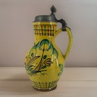 Antique German Faience Beer Stein Stag Yellow Tin Glazed Tankard 11    Pewter Lid